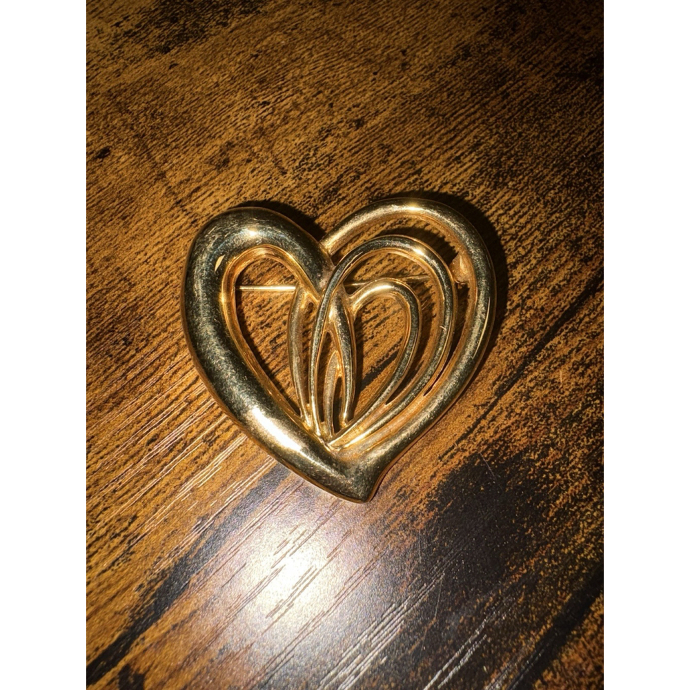 Allison Reed Signed Vintage Gold Tone Heart Brooch 2.25” Valentines Day Jewelry